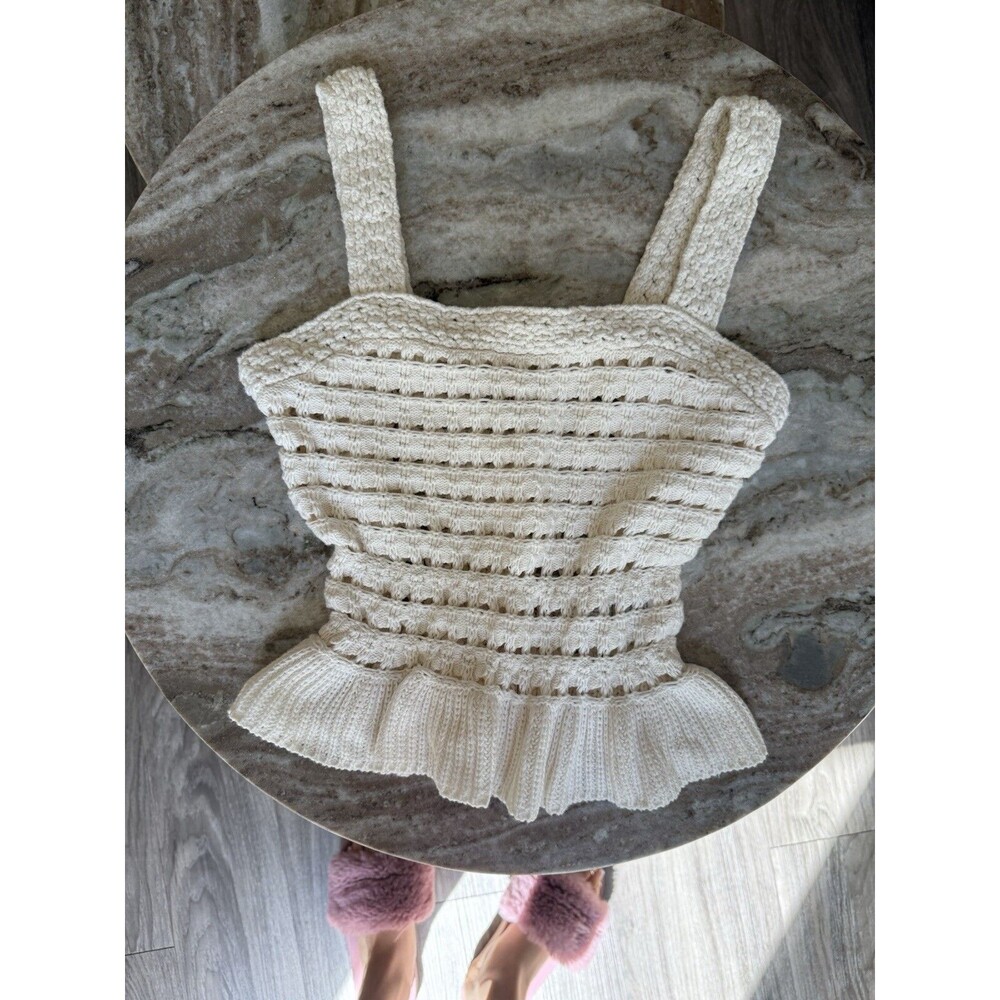 J.Crew Crochet Knit Tank Top Ruffle Hem Sleeveless Cream Size XXS - Picture 2 of 7